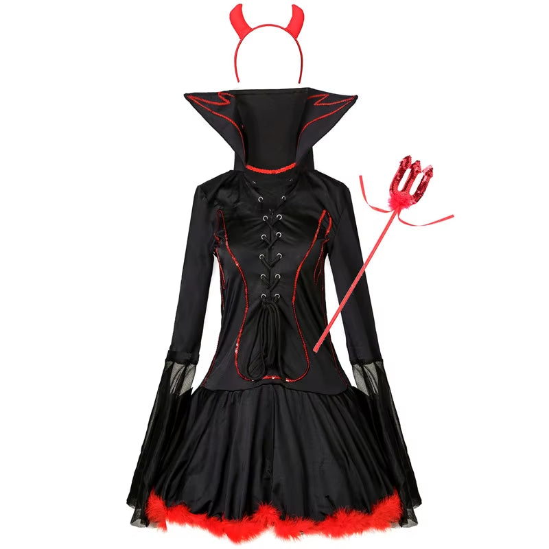 Carnival Hot Black Devil Costume Women Vampire Costume Cosplay Sexy Adult Halloween Costumes for Women Red Fancy Party Dress
