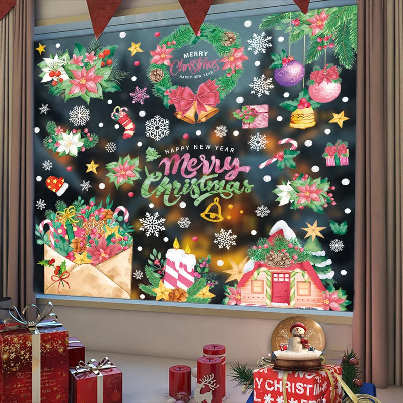 Pink Santa Claus Christmas Window Stickers Cute Reindeer Gingerbread Man Wall Sticker Home Decoration Decal Noel Kerst Navidad