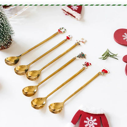 New Year 2021 Stainless Steel Christmas Spoons Xmas Party Coffee Spoon with Christmas Pendant Christmas Decorations Noel Gift