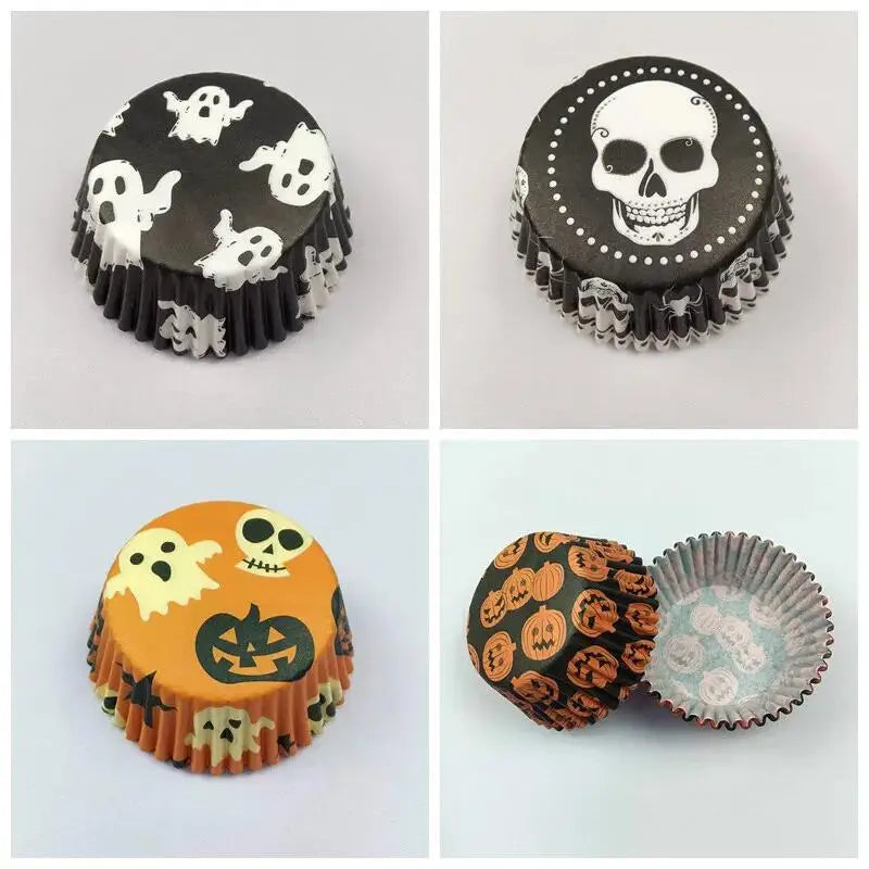100X Halloween Ghost Spider Pumpkin Skull Merry Christmas Trick or Treat Cupcake Liners Muffin Baking Cups Wrapper Tray Holder