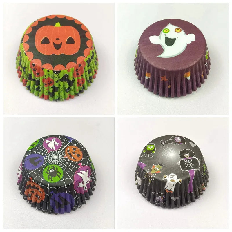 100X Halloween Ghost Spider Pumpkin Skull Merry Christmas Trick or Treat Cupcake Liners Muffin Baking Cups Wrapper Tray Holder