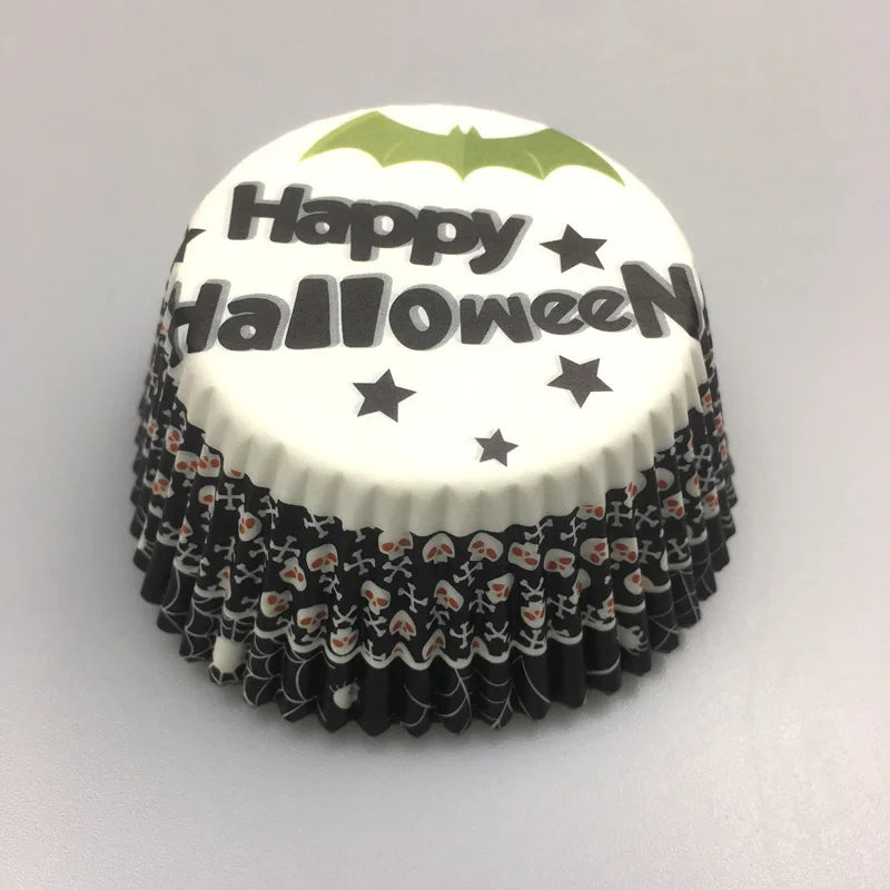 100X Halloween Ghost Spider Pumpkin Skull Merry Christmas Trick or Treat Cupcake Liners Muffin Baking Cups Wrapper Tray Holder