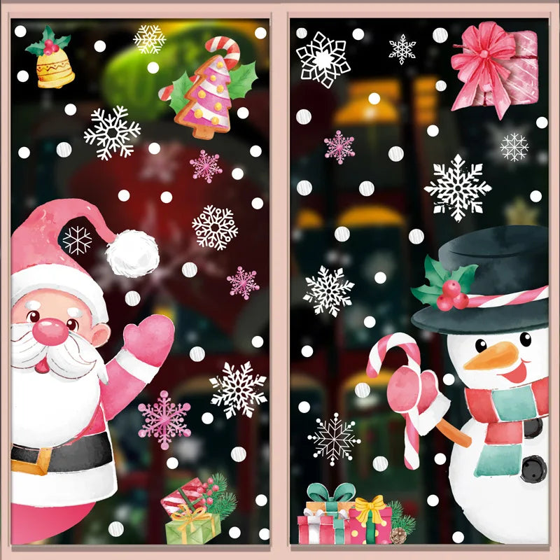 Pink Santa Claus Christmas Window Stickers Cute Reindeer Gingerbread Man Wall Sticker Home Decoration Decal Noel Kerst Navidad