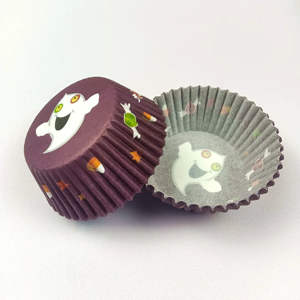 100X Halloween Ghost Spider Pumpkin Skull Merry Christmas Trick or Treat Cupcake Liners Muffin Baking Cups Wrapper Tray Holder