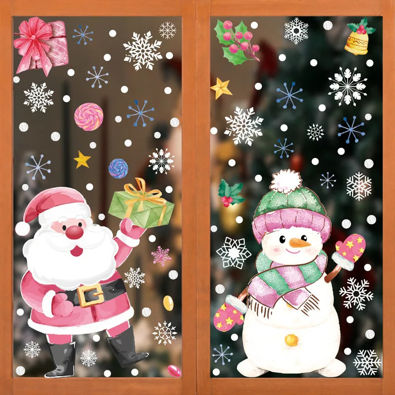 Pink Santa Claus Christmas Window Stickers Cute Reindeer Gingerbread Man Wall Sticker Home Decoration Decal Noel Kerst Navidad